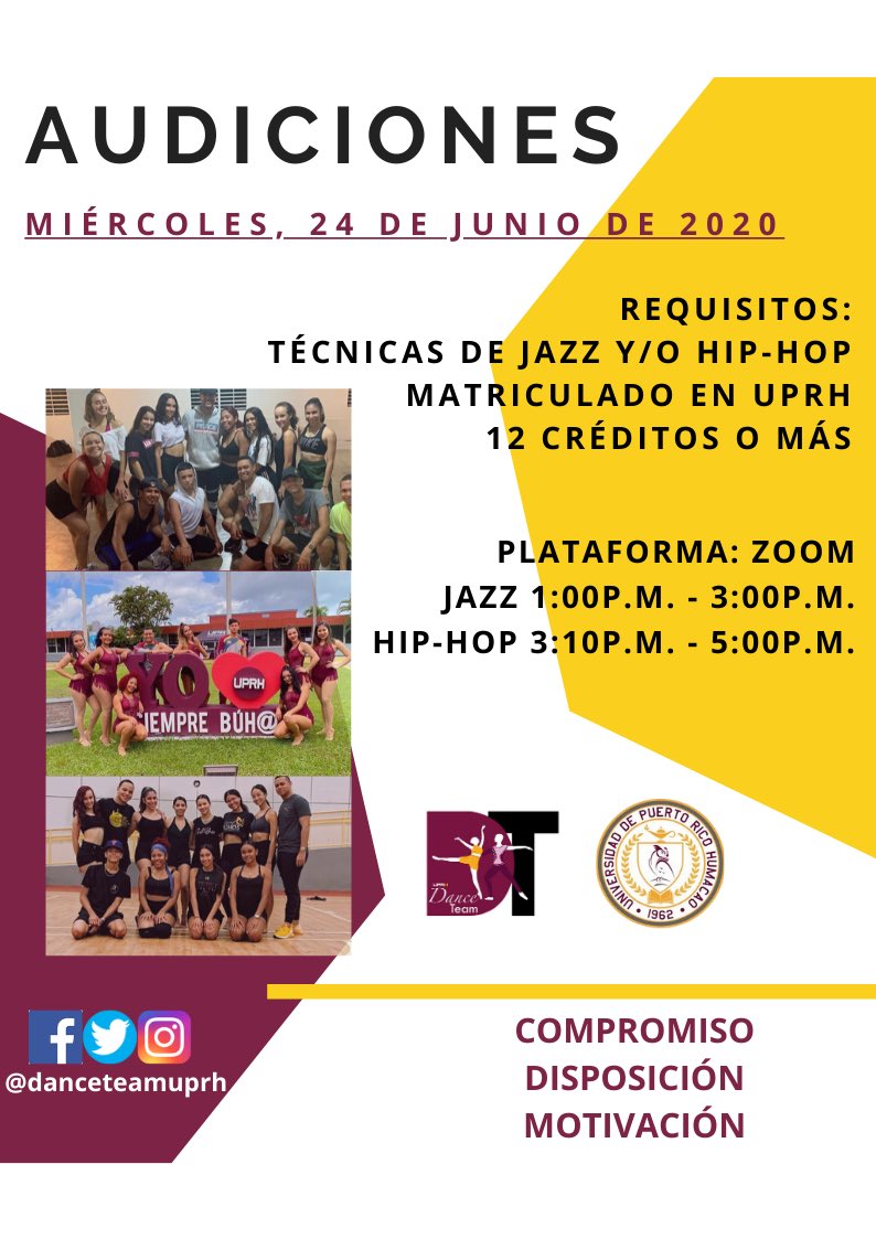 DANCETEAMUPRH's tweet photo. ✨Audiciones ✨

El miércoles, 24 de junio de 2020

¡No pierdas la oportunidad de ser parte de nuestro equipo!🦉 https://t.co/wBCTxI03yv