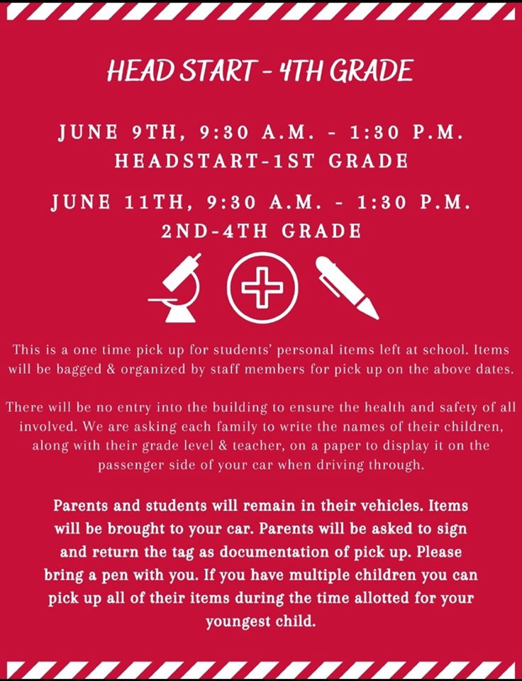 Oliverpmorton's tweet photo. Don't forget about our student item pick up tomorrow! If your student is in Head Start, Kindergarten, or 1st grade you may pick up their belongings at door A from 9:30 a.m. until 1:30 p.m. #schk12  #15k https://t.co/2jo3eiihRO