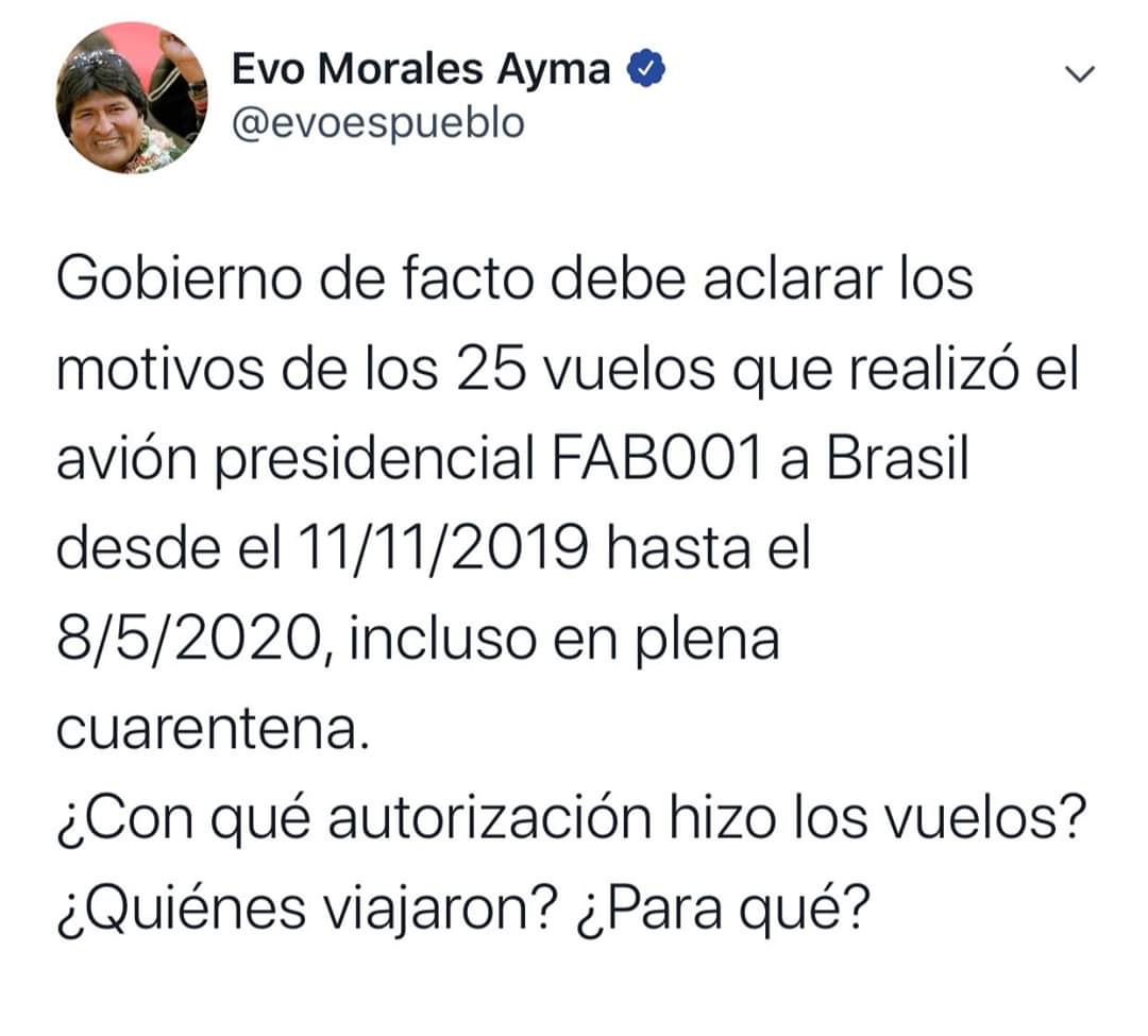 MalitoMasista's tweet photo. @evoespueblo: “Gobierno debe aclarar motivos de los 25 vuelos en avión presidencial a Brasil, incluso en cuarentena” https://t.co/G737DZfF7V