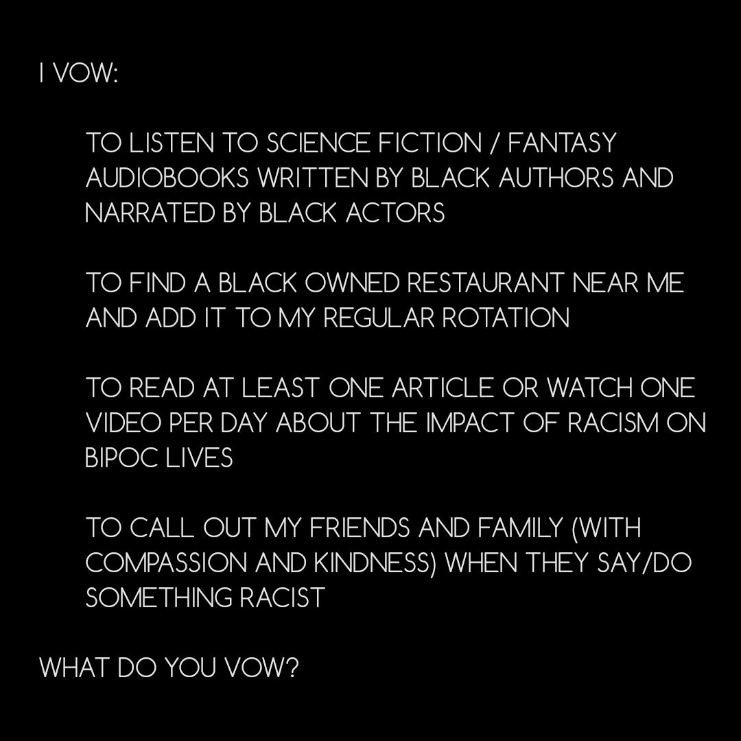 TheReelLarissa's tweet photo. I've donated, protested, and shared resources. Now I've come up with my game plan for what I will change in my day to day life to help fight racism. What will you do? #BlackLivesMatter #blacklivesmattercanada #whiteaccountability #IVow #antiracism https://t.co/AXwvwRJhWa