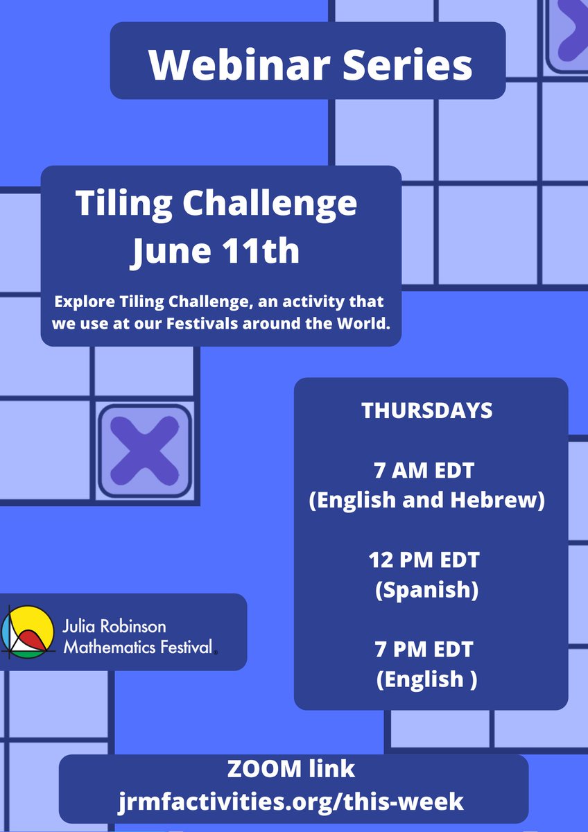 jrmfactivities.org/this-week

Our Webinar Series is appropriate for all ages. JRMF problems are low threshold, high ceiling. This, combined with the breakout rooms that divide up based on age, skill level, or time spent with the problems, allows our problems to be for all ages.