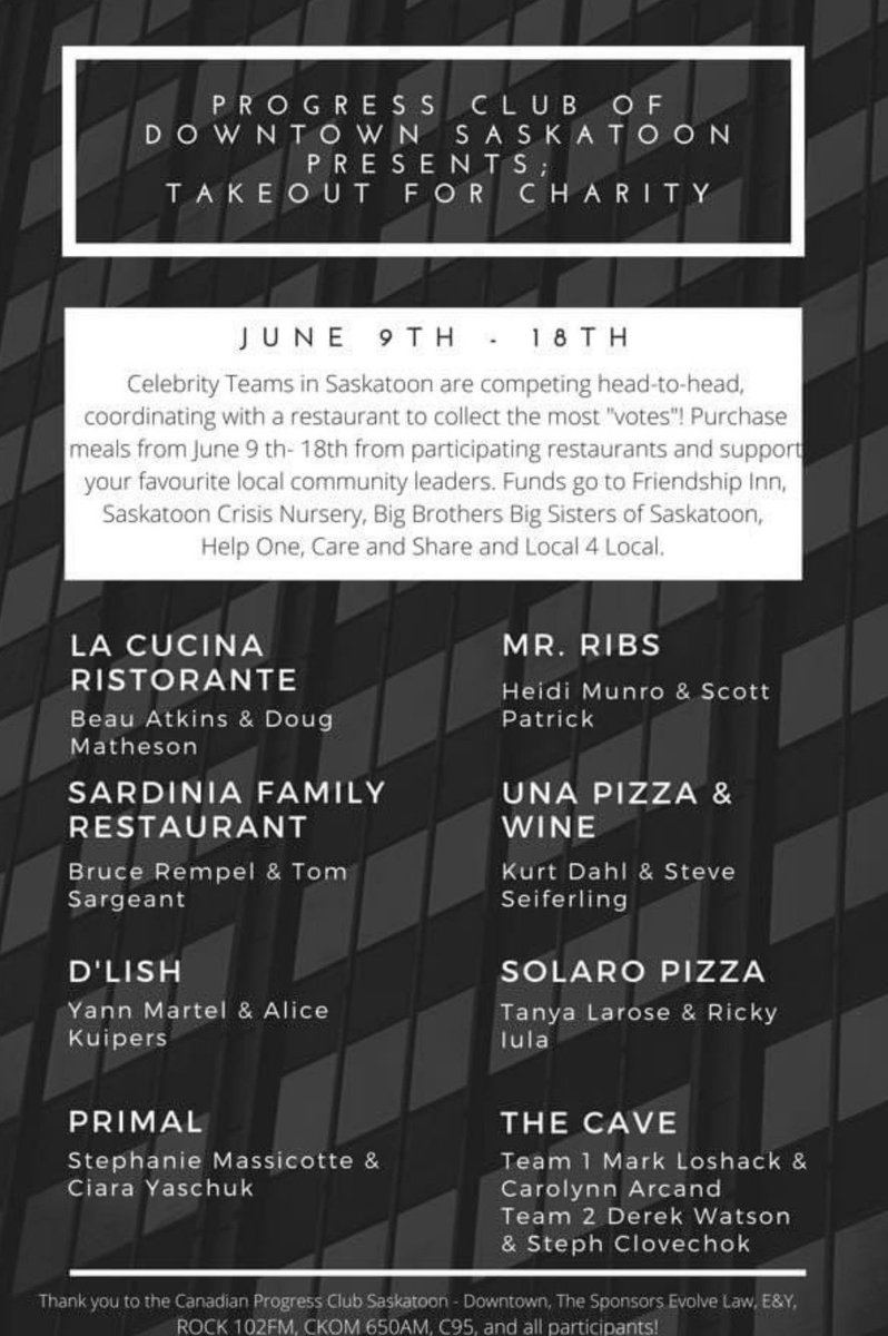 helpone1's tweet image. The Saskatoon Progress club who is a huge Helpone supporter is running #takeoutforcharity.
With every meal you purchase 5.00 goes to our community. Thank you to Alex at Sardinia for supporting this event. Good luck to the team of Sargeant and Rempel!! saskatoonprogressclub.com/challenge/