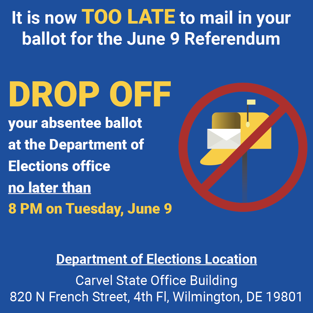 ChristinaK12's tweet photo. ATTN Christina Residents: Voted absentee ballots must be dropped off to the Dept of Elections by 8 PM on Tuesday, June 9. #VoteCSD | https://t.co/lPhpESY14t https://t.co/gMNbbUAYZU