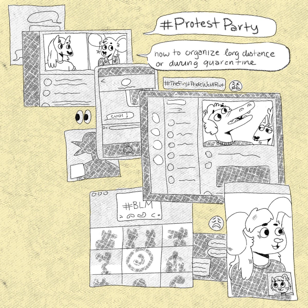 gouache_boy's tweet photo. Happy #PrideMonth !! In order to celebrate I made #ProtestParty a digital zine about organizing with your friends long distance
Please share if you can and consider hosting your own party for some of the many petitions circling currently (1/2)
#illustration #zine #comics https://t.co/xzD4LE4rY6
