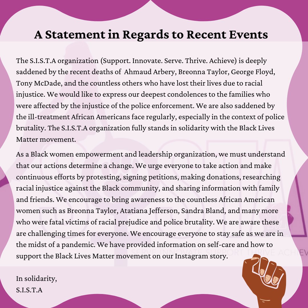 SISTA's Statement in Regards to Recent Events