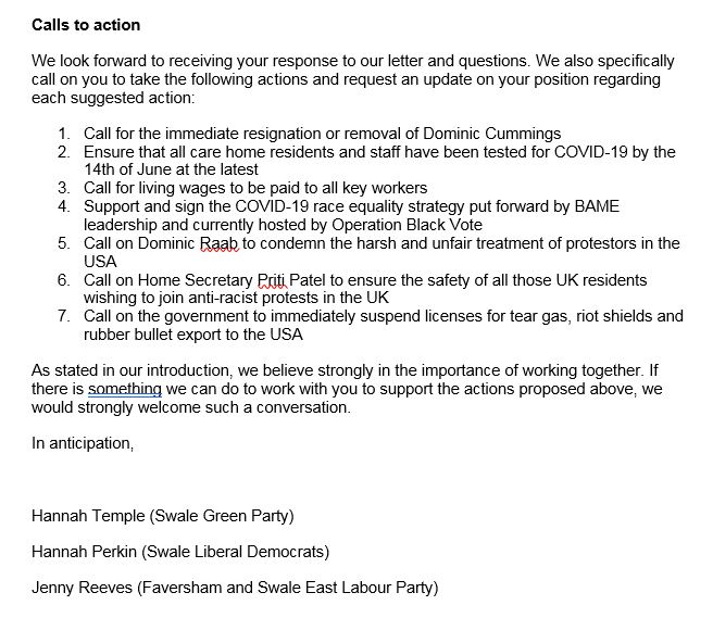 We must work together to hold Goverment to account. Delighted to have sent this cross-party letter to <a href="/Helen_Whately/">Helen Whately MP</a> demanding answers RE crisis in #carehomes, #dominiccummingsmustresign &amp; disproportionate impacts of CV-19 on #BAME. 

<a href="/JMidkent/">JennyforFaversham&MidKent</a> <a href="/HannahPerkin/">Cllr Hannah Perkin 🔶</a>