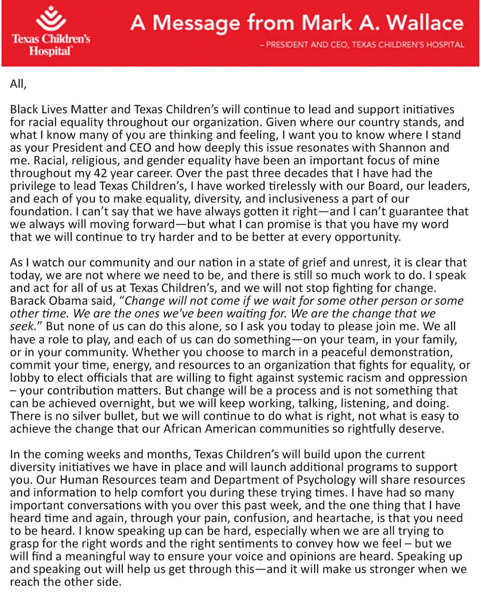 TexasChildrens's tweet photo. Our President and CEO, Mark A. Wallace, is taking a bold stand in the movement that has captured the world’s attention and asks us to join him. https://t.co/27mTkt8gCw
