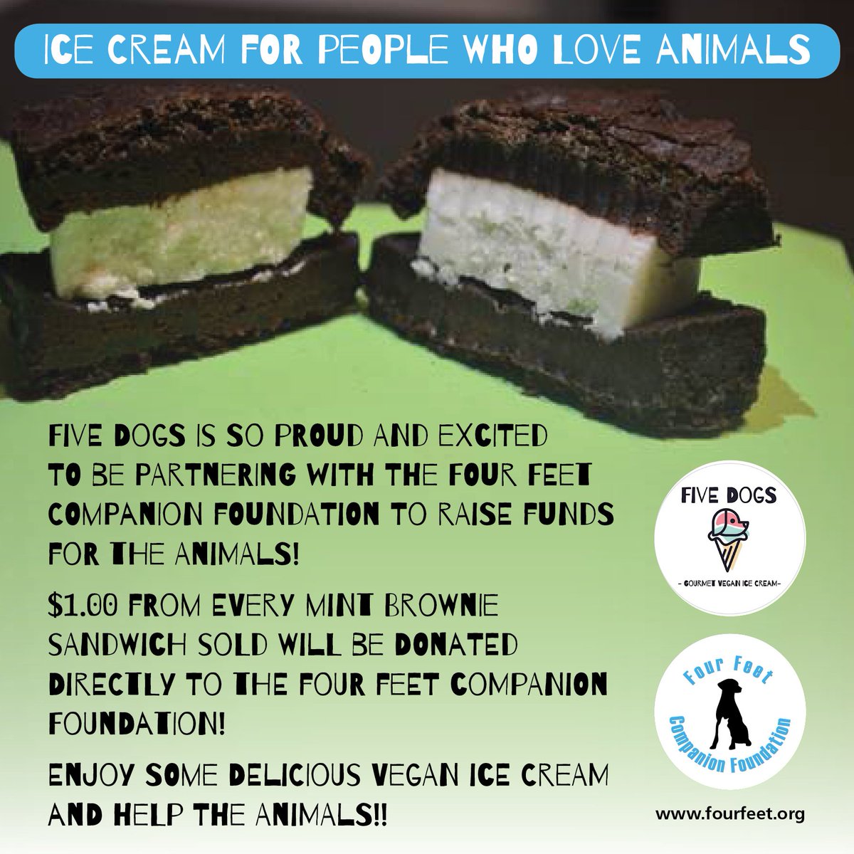 4FeetFoundation's tweet photo. Who doesn’t love an ice cream sandwich!? Big shout out to Five Dogs Vegan Ice Cream for partnering with us by donating $1 from every mint brownie sandwich sold.
Check out https://t.co/pHXP9b4xFy to learn more and get your ice cream!
#yyc #fourfeet #shoplocalyyc #supportlocal https://t.co/iXDz3XsYm9
