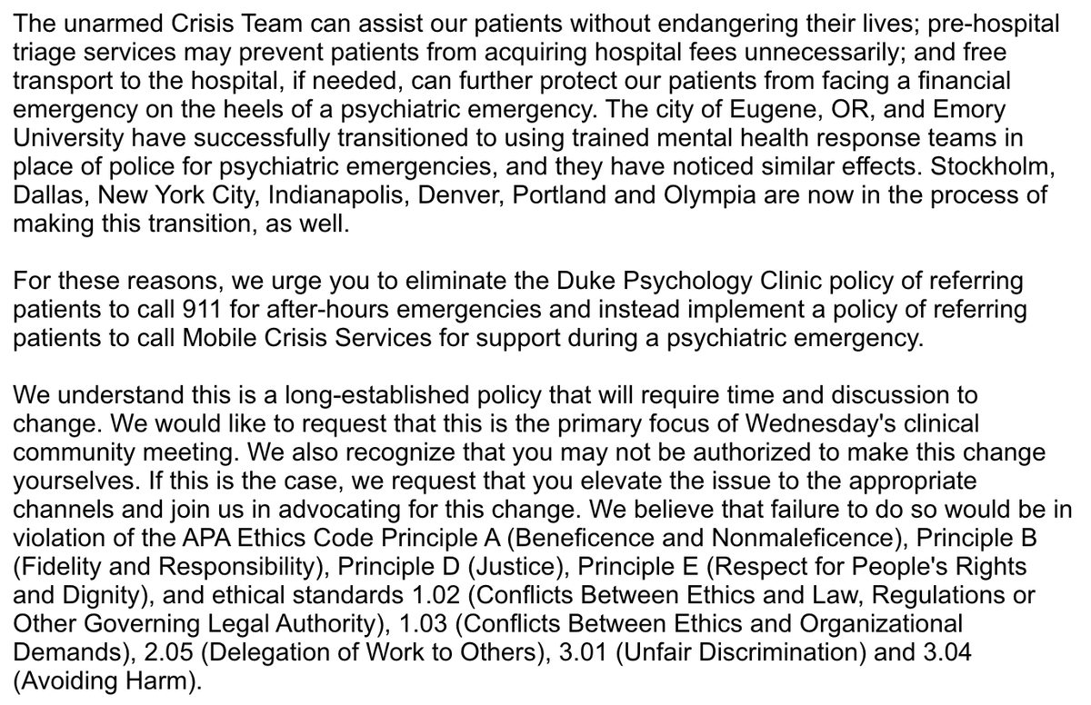 tjackbrooks's tweet photo. here is the email that clinical students unanimously sent to the psychology clinic leadership, who made the change in one business day. jack.brooks@duke.edu for text version https://t.co/LfQmFOnE4y