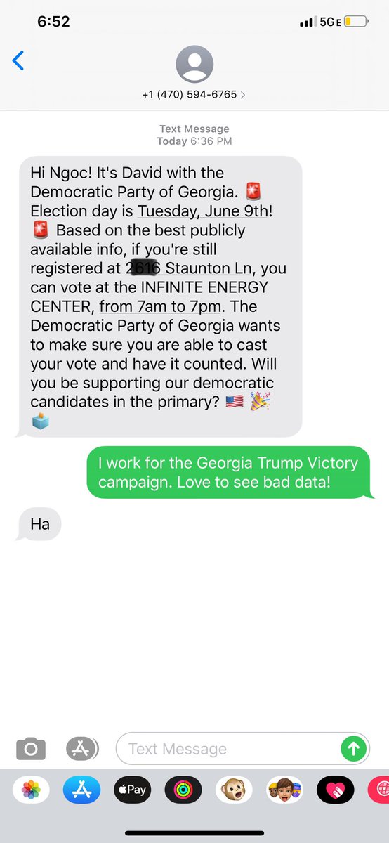 chet_martin's tweet photo. Hey @GeorgiaDemocrat — thanks for texting our Digital Director! Her name is not Ngoc, she doesn’t live on Stanton Lane, that’s not her precinct, and she will never, ever vote for @JoeBiden or any Democrat. Other than that, you nailed it! #LeadRight #GeorgiaGrit 

CC: @RNCData https://t.co/LnlvUAoNge