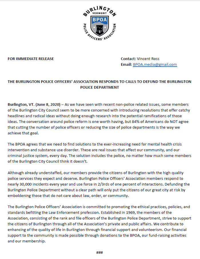 BPOAVT's tweet photo. Calling to defund BPD and reduce the number of police officers in Burlington is radical and dangerous. #bvtcc #btv https://t.co/H0nqXJTLdW