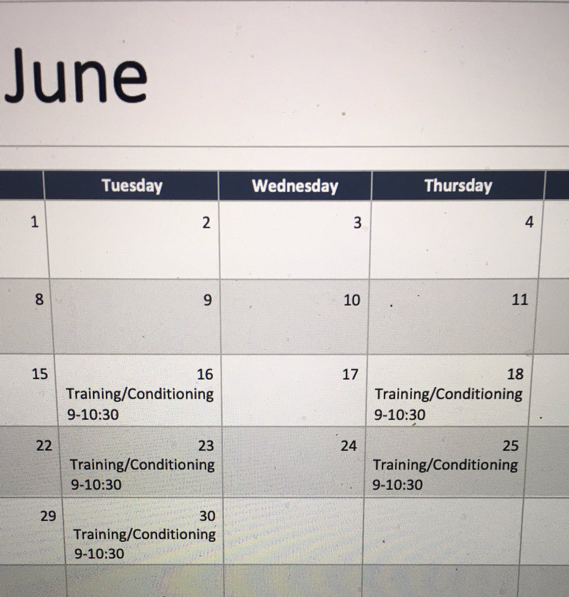 We are officially back! Starting next Tuesday 6/16 we will be back in action for training/conditioning at the stadium! June and July calendar is posted below. Check in with Coaches, Hadden, Smith, and/or Vaughn for any questions/guidelines! See everyone Tuesday!