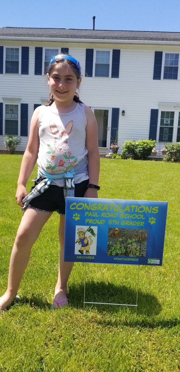 PRSFA_GC's tweet photo. PRS 5th graders were celebrated today when they were surprised with yard signs congratulating them on their completion of elementary school! We will miss you, Class of 2027, and wish you all the best in middle school and beyond! 💙💚 #pantherpride #gcpride #gccares https://t.co/OTo5BupyT2