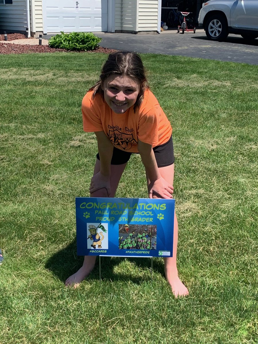 PRSFA_GC's tweet photo. PRS 5th graders were celebrated today when they were surprised with yard signs congratulating them on their completion of elementary school! We will miss you, Class of 2027, and wish you all the best in middle school and beyond! 💙💚 #pantherpride #gcpride #gccares https://t.co/OTo5BupyT2