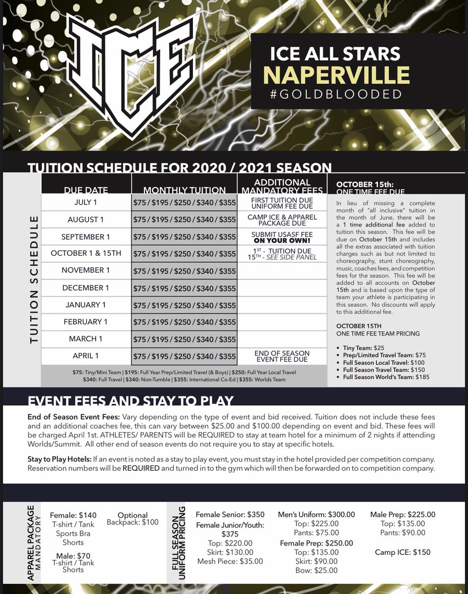 ICE Naperville (@ice_naperville) on Twitter photo Interested in ALLSTAR Cheerleading? Here is our pricing for the 2020-2021 season! Come join us this year! 💙💛
.
.
We can’t wait to meet you! If you have any questions please contact the front desk at Robin@ice-gym.com <a href="/ICE_ALL_STARS/">ICE® ALL-STARS</a> Interested in ALLSTAR Cheerleading? Here is our pricing for the 2020-2021 season! Come join us this year! 💙💛
.
.
We can’t wait to meet you! If you have any questions please contact the front desk at Robin@ice-gym.com <a href="/ICE_ALL_STARS/">ICE® ALL-STARS</a>