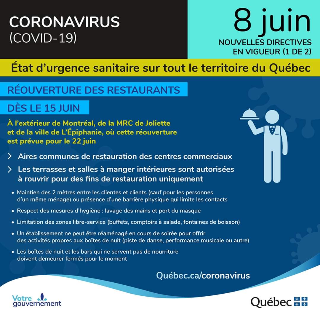 Les restaurants vont bientôt pouvoir rouvrir leurs salles à manger et leurs terrasses. Ça va se faire avec des mesures sanitaires spéciales, notamment pour respecter la distanciation de deux mètres entre les personnes. 
Les détails de nos annonces du jour 👇🍴👩‍🍳