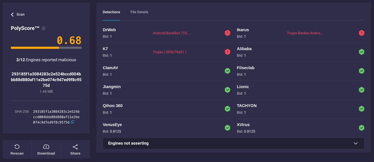 PolySwarm's tweet image. Sample of the latest version of #Eventbot (v0.4.7.10), #firstseen in PolySwarm, on June 4th. Three engines are already detecting it!
polyswarm.network/scan/results/f…