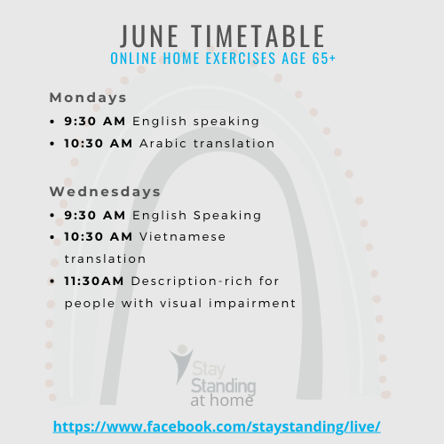 Stay_Standing's tweet photo. Stay Standing at Home - June schedule of live exercise sessions (Australian Eastern Standard Time) https://t.co/QY9feuH8M4