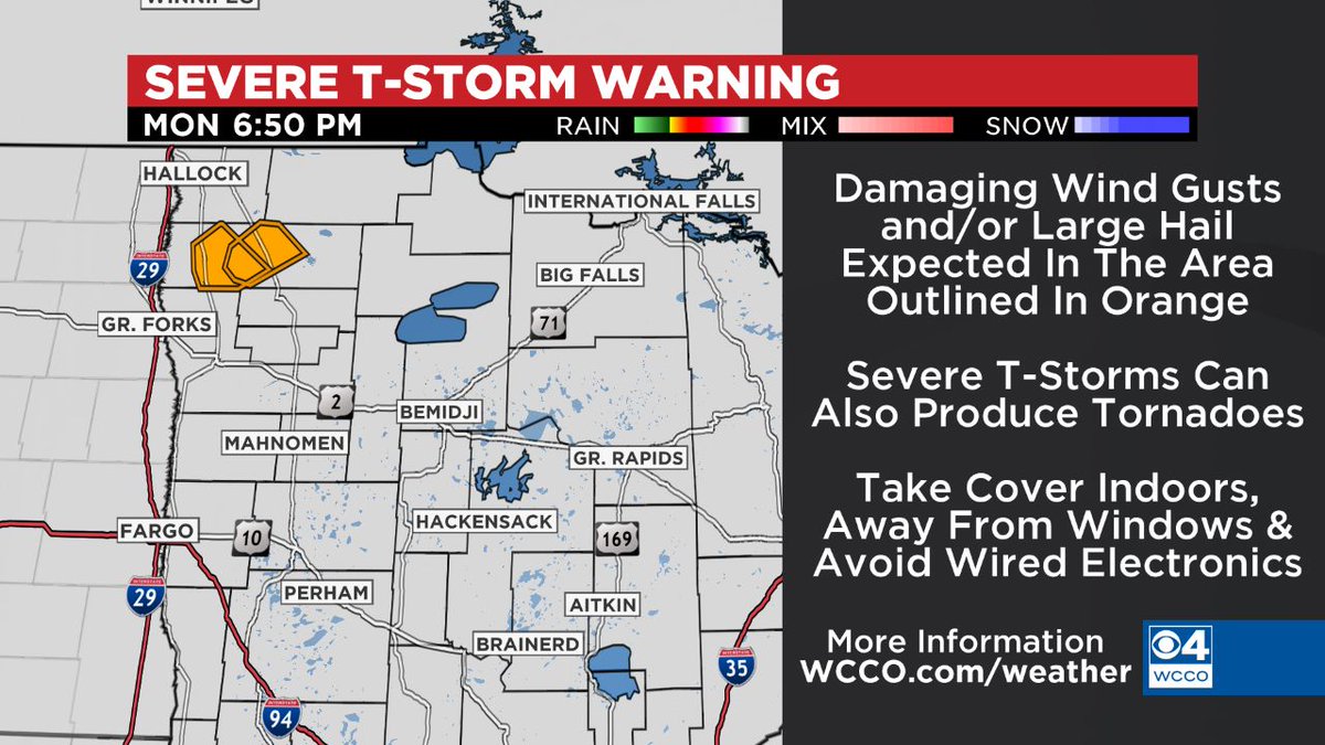 ⚠️ A SEVERE T-STORM WARNING has been issued for part of Minnesota north of the Twin Cities. Visit wcco.com/weather for more information. #mnwx