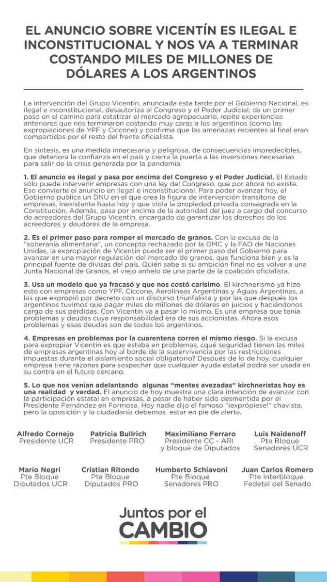 juntoscambioar's tweet photo. El anuncio sobre Vicentín es ilegal e inconstitucional y nos va a terminar costando miles de millones de dólares a los argentinos.

Un mensaje de las autoridades principales de nuestra coalición. 👇 https://t.co/l3erS43Uev