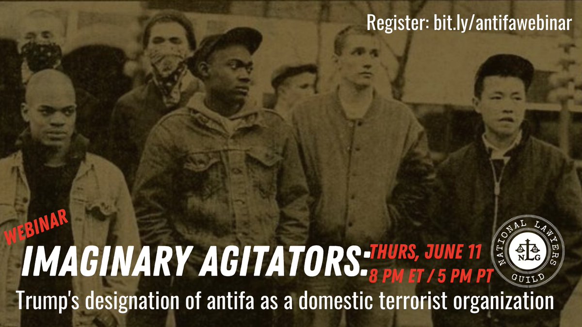 Join us + <a href="/NLGNYCnews/">NLGNYCnews</a> for this #webinar on Thurs: "IMAGINARY AGITATORS: Trump's designation of #antifa as a "domestic terrorist org" w/ <a href="/Mark__Bray/">Mark Bray</a> <a href="/HinaShamsi/">Hina Shamsi</a>, <a href="/DLamontJenkins/">Daryle Lamont Jenkins</a>, Moira Meltzer-Cohen, &amp; <a href="/AbiHassen/">Abi Hassen</a>

✏️Register: bit.ly/antifawebinar
ℹ️Info: facebook.com/events/3008850…