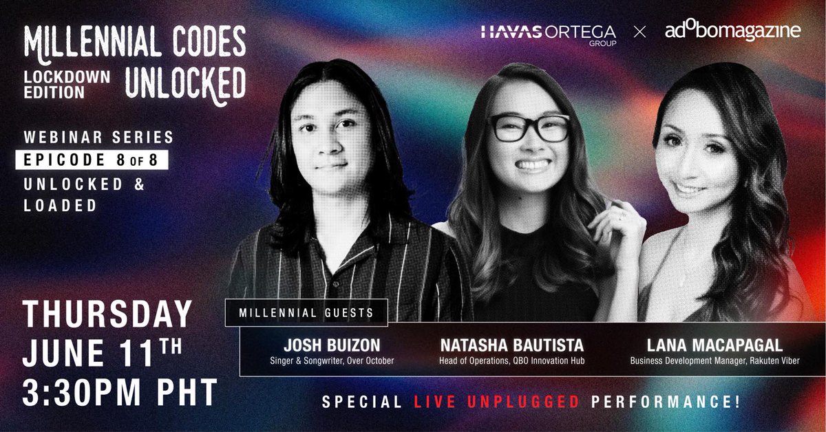 Hear <a href="/LanaMacapagal/">Lana Macapagal</a> <a href="/natashabautista/">Natasha Bautista</a> <a href="/joshbuizon/">Josh Buizon</a> share their stories on how they are dealing with business and life in lockdown. Together with <a href="/adobomagazine/">adobo magazine</a> join us for our final epicode Millennial Codes Unlocked &amp; Loaded June 11, 2020 330pm bit.ly/millennialcode…