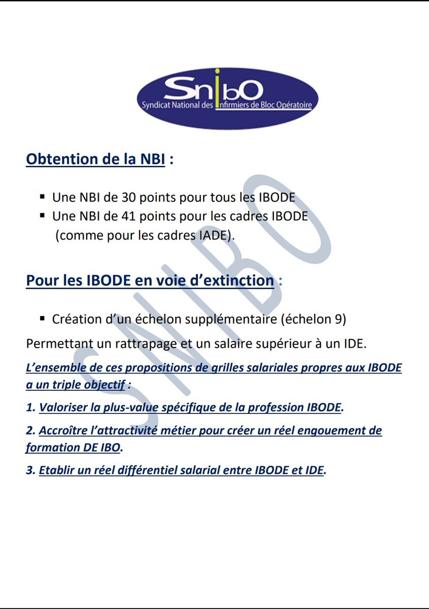 SyndicatIbo's tweet photo. Les propositions de grilles salariales propres aux IBODE a un triple objectif :
1. Valoriser la plus-value spécifique de la profession.
2. Accroître l’attractivité métier pour créer un réel engouement de la formation IBODE.
3. Etablir un réel différentiel salarial  IBODE / IDE. https://t.co/TIMWBzRTxg