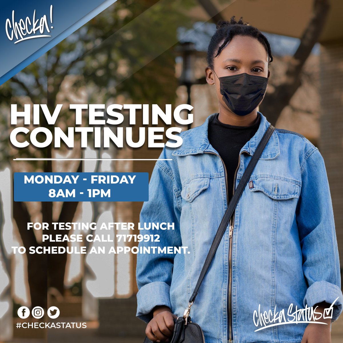 CheckaStatus's tweet photo. know my status?✔️
Peace of mind ? ✔️
want the same? Get tested today at a testing centre near you.
Call 71719912 for more information.
#CheckaStatus https://t.co/ytWXtxWgTi