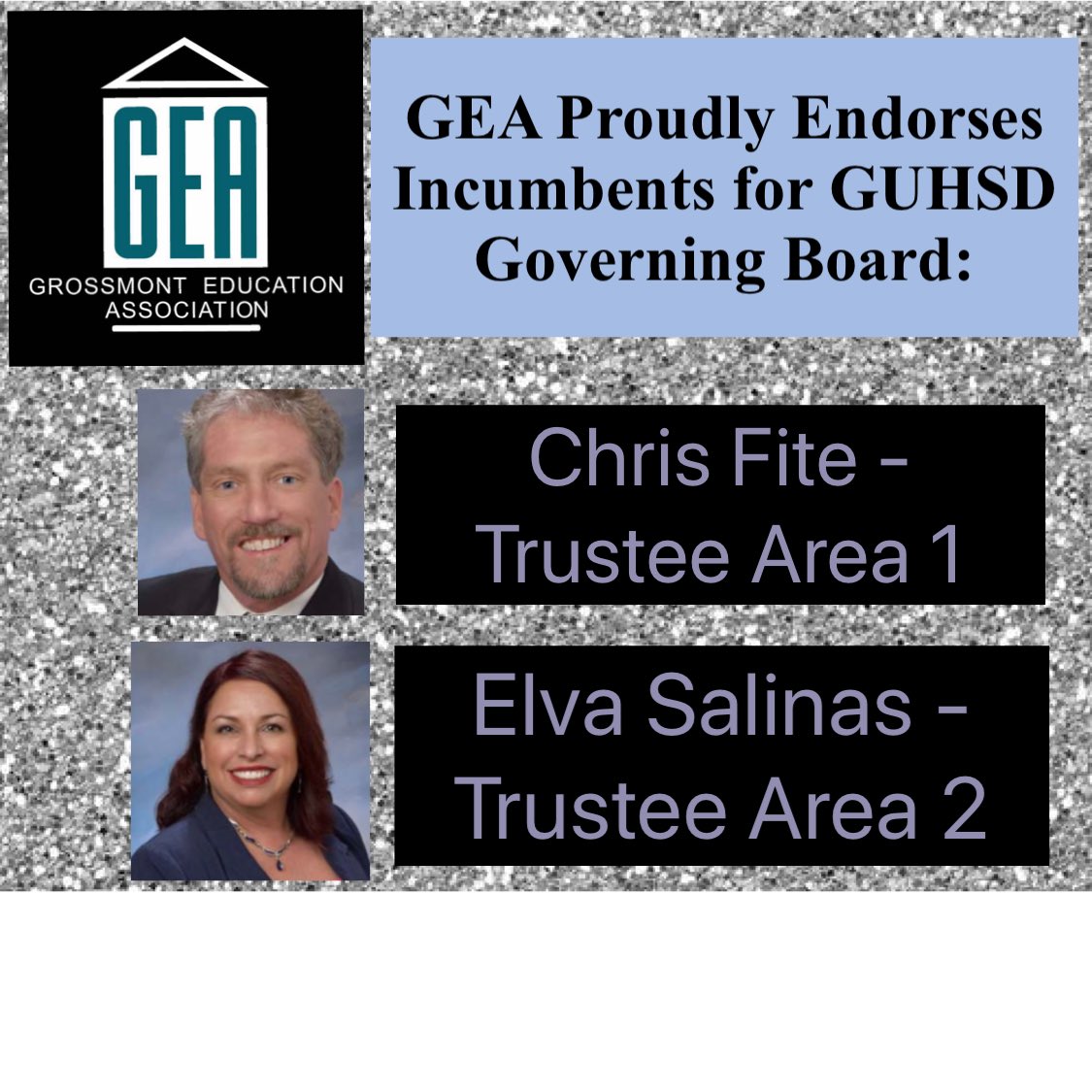GrossmontEA's tweet photo. We have endorsed both Chris Fite and Elva Salinas for the GUHSD Governing Board! 🎉🎊🎉
#WeAreGEA #WeAreCTA https://t.co/SpYM9CDpk1