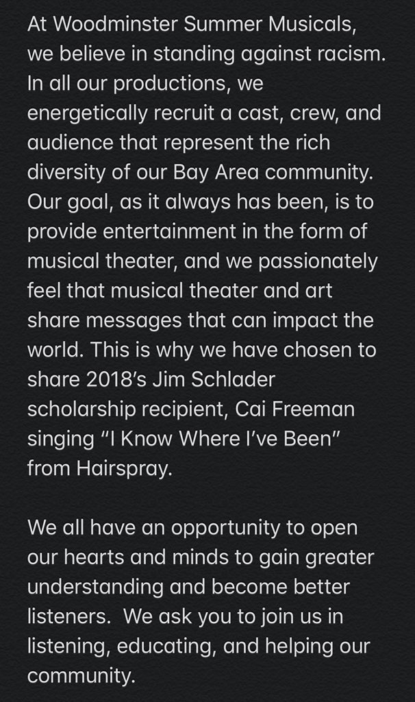 WMusicals's tweet photo. If you would like to reach out to help our efforts in combating racism in the theater community, please email natalie@woodminster.com with any inspirations, observations, and recommendations.

https://t.co/ySvQitcI5p https://t.co/5pO99WZaus