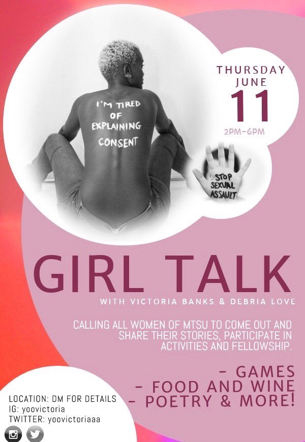 YooVictoriaaa's tweet photo. Calling all my ladies from MTSU to come out and share this experience with us. This will be a safe haven for ALL women. Hosted by myself and ms @DuhBria donโt miss outโค๏ธ #mtsu #mtsu20 #mtsu21 #mtsu22 #mtsu23 #mtsu24 https://t.co/GdNEgwjxbP