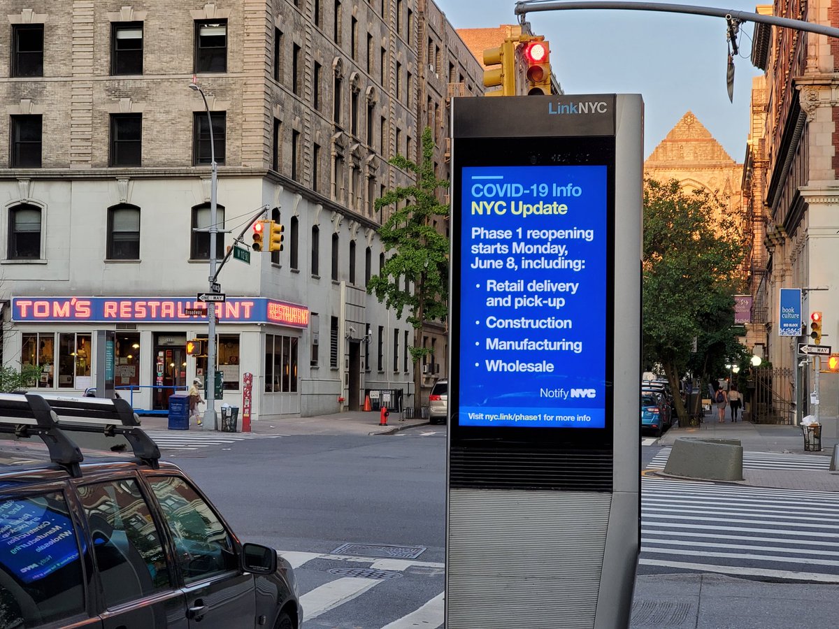 alextarquinio's tweet photo. Sign of the times at the iconic NYC corner with @TomsRestaurant1. Today, the city moves into Phase 1 of the reopening. Construction, manufacturing and certain retail workers are back on the job. https://t.co/gtS5MfLNaG