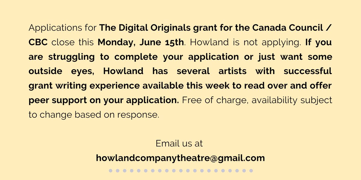 TheHowlandCo's tweet photo. FYI @CanadaCouncil and @CBCArts are offering a #DigitalOriginals grant for Canadian artists due THIS Monday June 15th. 🗓

Find out more about the grants available here: https://t.co/CNfUk19JQ2

#theaTO #cdncult https://t.co/alBEK5QI82