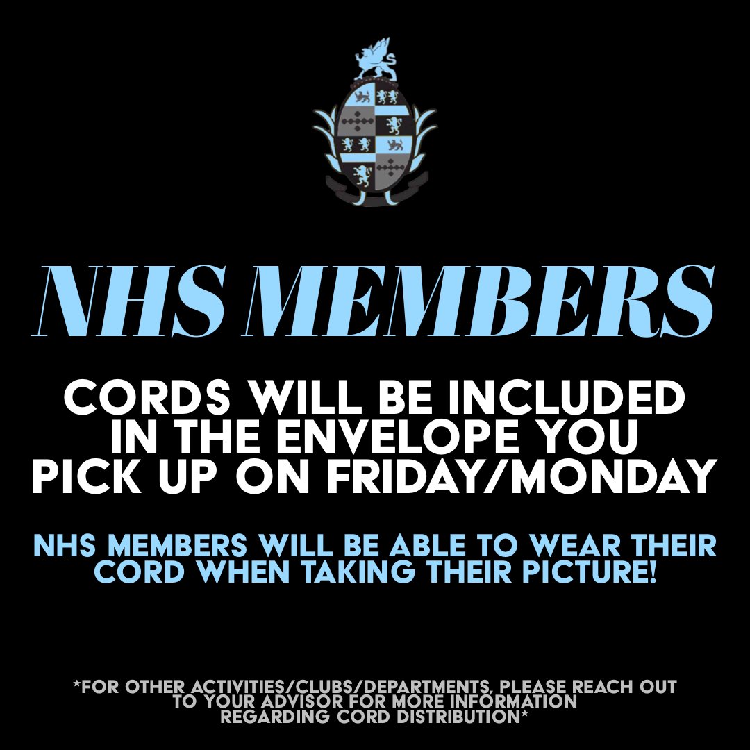 Chords for NHS members will be in envelopes you pick up on Friday/Monday. Wear it in your picture! For other school activities/clubs/societies/departments, please reach out to your advisor for more information on cord distribution! #dulaney2020 #dulaneystrong <a href="/DulaneyHigh/">Dulaney High School</a>