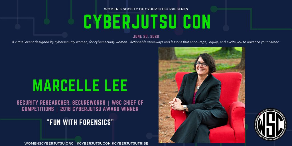 Can't let the day go by &amp; not announce the next speaker: @marcellelee. Come have fun w/ #forensics and take home usable skills! June 20th. Sponsor opps still available! #cyberjutsutribe #cyberjutsucon Free for members! womenscyberjutsu.org/event/Cyberjut…