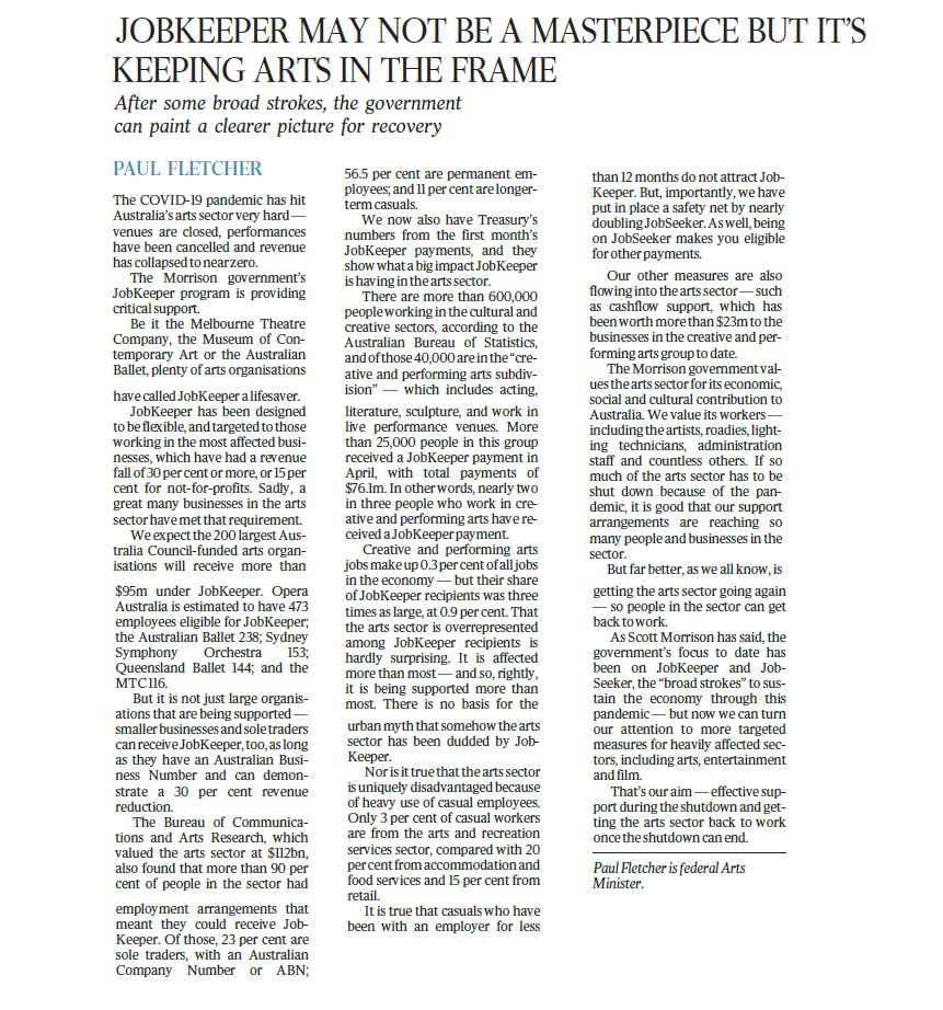 Interesting statistics on the arts sector as it looks to emerge from the COVID-19 lock-down. theaustralian.com.au/commentary/job…