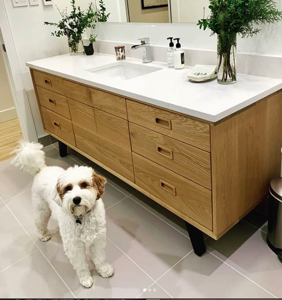 2point54's tweet photo. Finnegan says to be safe and wash your hands. Natural white oak vanity with ebony stain. Photo credit to C. Hopfner. #yyc #yycdesign #yyccraft #customdesign #furniture #furnituredesign #woodcraft #vanity #whiteoak #albertastrong #yyclife #yycbusiness #yycdogs https://t.co/S5PFYM5XWw
