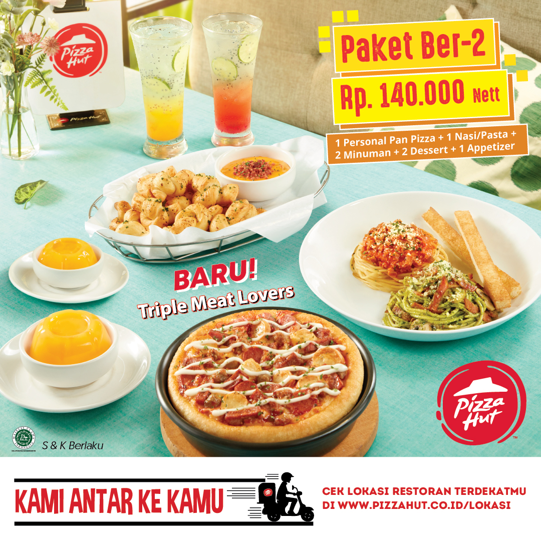 Pizza_HutID's tweet photo. Pesan Paket Ber-2 dan nikmati menu baru, Triple Meat Lovers Pizza!
Hanya dengan Rp 140.000/nett kamu bisa dapat 1 Personal Pan Pizza, 1 Nasi/Pasta, 2 Minuman, 2 Dessert, & 1 Appetizer!
Tersedia untuk dine in, TakeAway, & delivery Kami Antar Ke Kamu. Klik link di bio. #HutEasy https://t.co/FjN1hXh82T