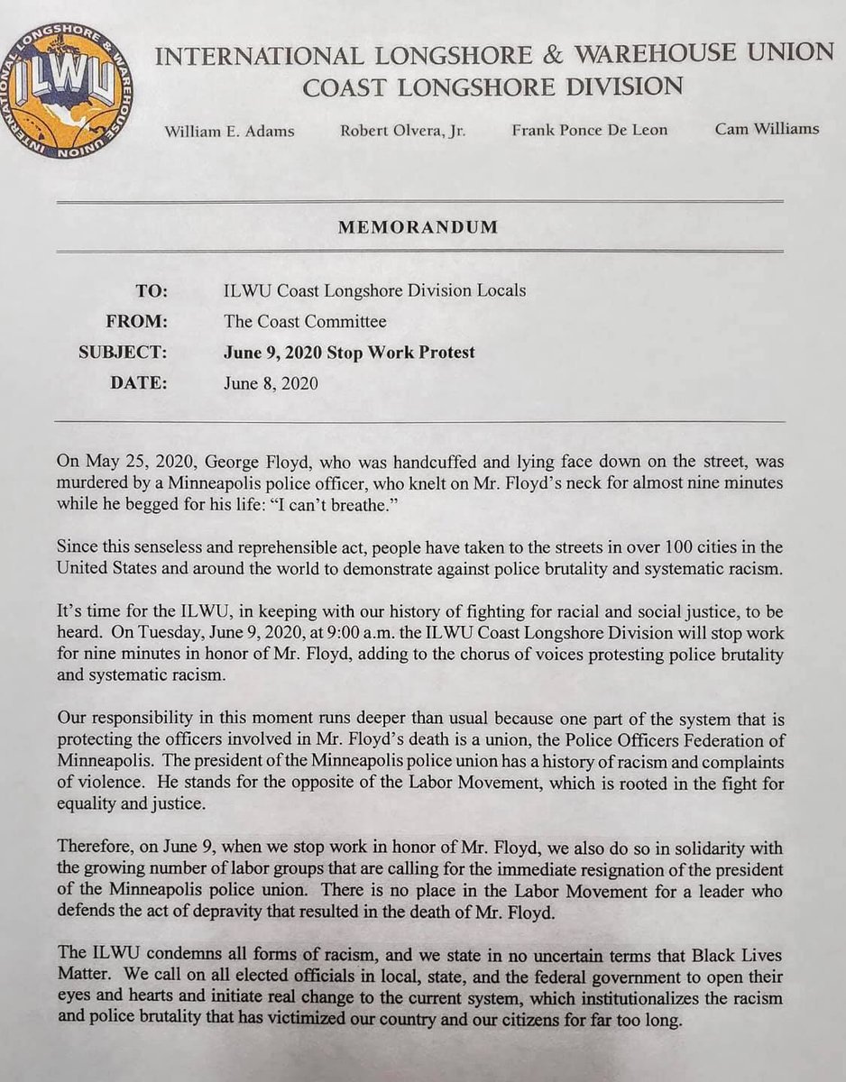 "On Tuesday, June 9th, at 9:00 a.m. the ILWU Coast Longshore Division will stop work for nine minutes in honor of Mr. Floyd, adding to the chorus of voices protesting police brutality and systemic racism." #BlackLivesMatter <a href="/ilwu23ywc/">ILWU No. 23 Young Workers</a> <a href="/MLKLabor/">MLK Labor</a> <a href="/SeaportNW/">The Northwest Seaport Alliance</a> <a href="/ILWU13news/">ILWU 13</a>