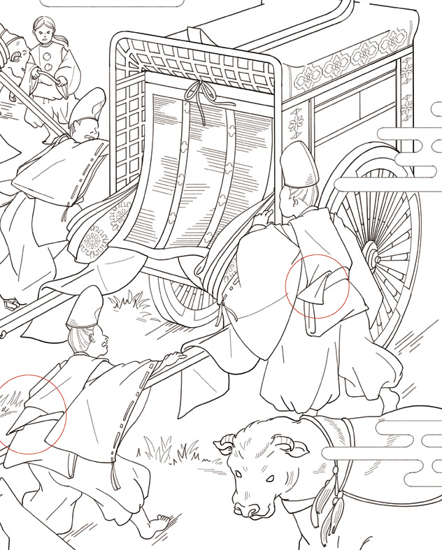 四方彩子 Designer Textile Illustration さて 塗り絵右ページがその御禊 ごけい の日 葵祭 の車争いのシーンです 六条御息所の車が無理やり退かされていますが 退かしている人達のお尻あたり 赤丸 狩衣をくるっと挟み込んでます 源氏物語