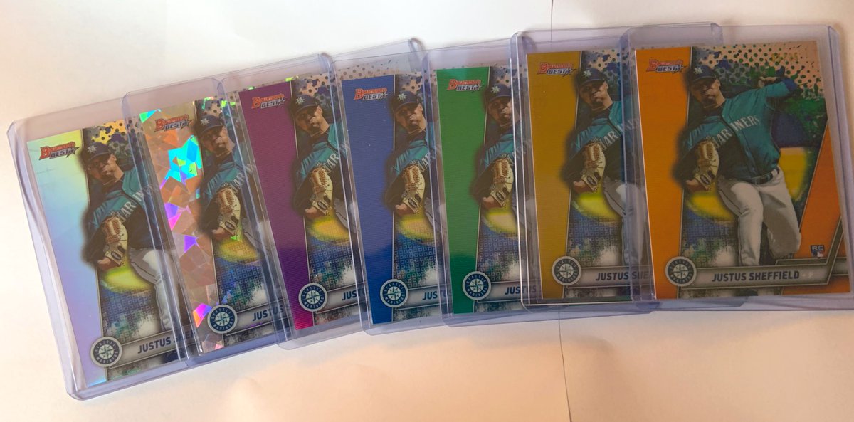 M_Bleezie13's tweet image. The Bowman’s Best #JustusSheffield partial rainbow. #Refractor probably won’t find the reds or super. So 🤷🏼‍♂️ I guess I did it. Quarantine goals... 😆 @Topps @BowmanCards