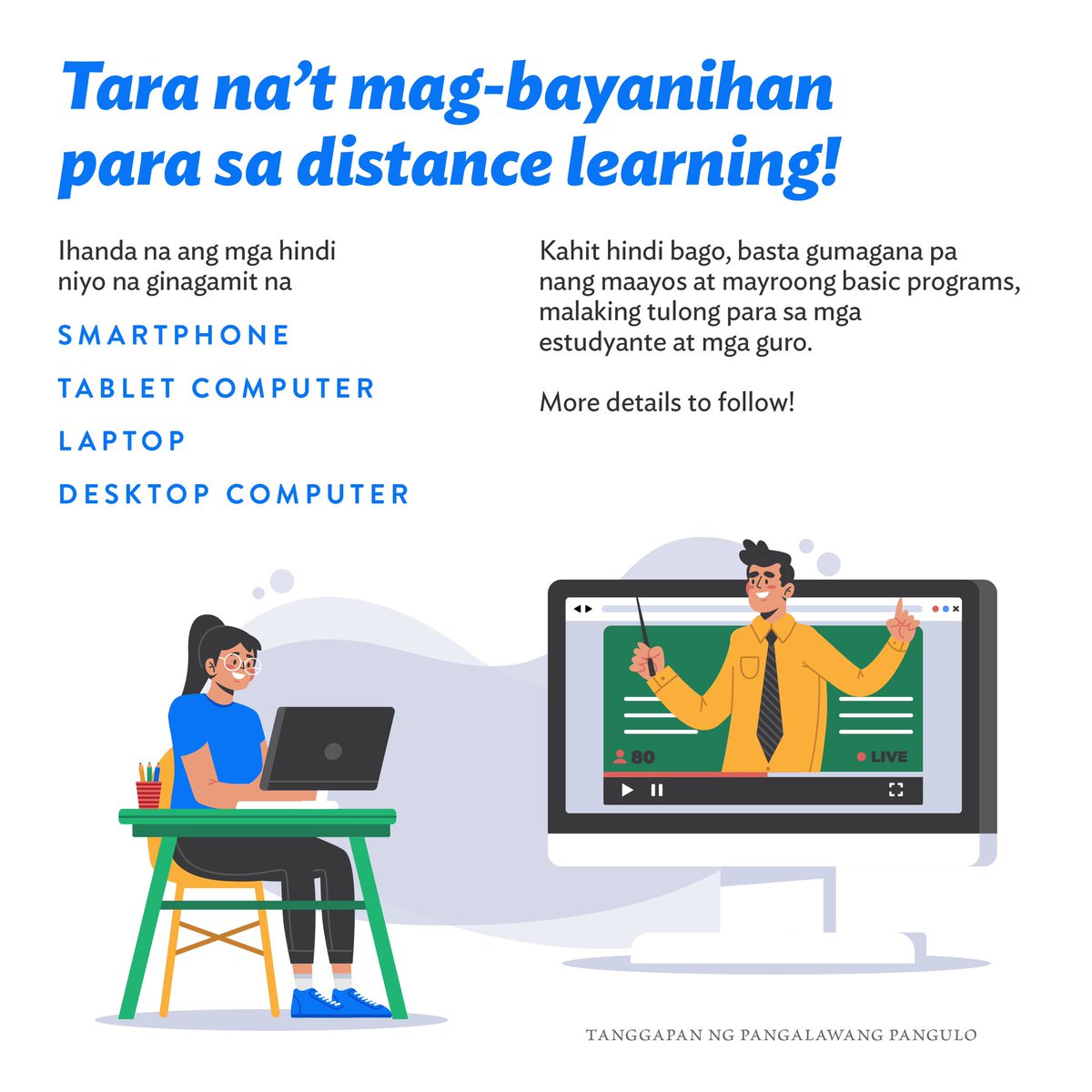 lenirobredo's tweet photo. Next on our list: a bayanihan drive for distance learning, to help students and teachers in poor communities. If you have extra gadgets lying around your homes or offices, we hope you'll consider donating. More details (i.e. minimum specs) in the coming days🤓 https://t.co/5sretnhUrv