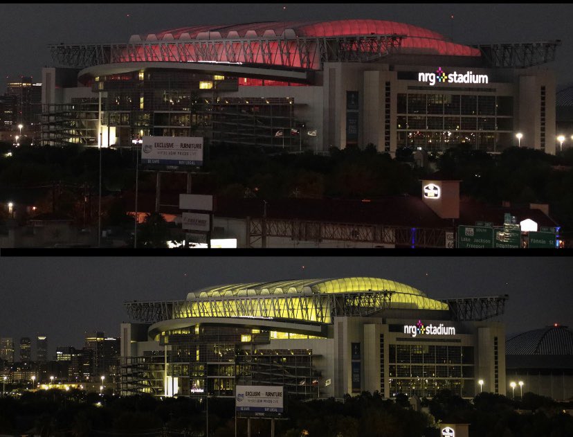MarkBerman_'s tweet photo. From NRG Park:We turn NRG Park crimson &amp; gold to pay tribute to George Floyd,send our support to his family and our solidarity for meaningful change. (Colors crimson &amp; gold represent where #GeorgeFloyd went to high school: Jack Yates High School (@JackYatesHigh) #BlackLivesMatter https://t.co/Gtva0LdRW9
