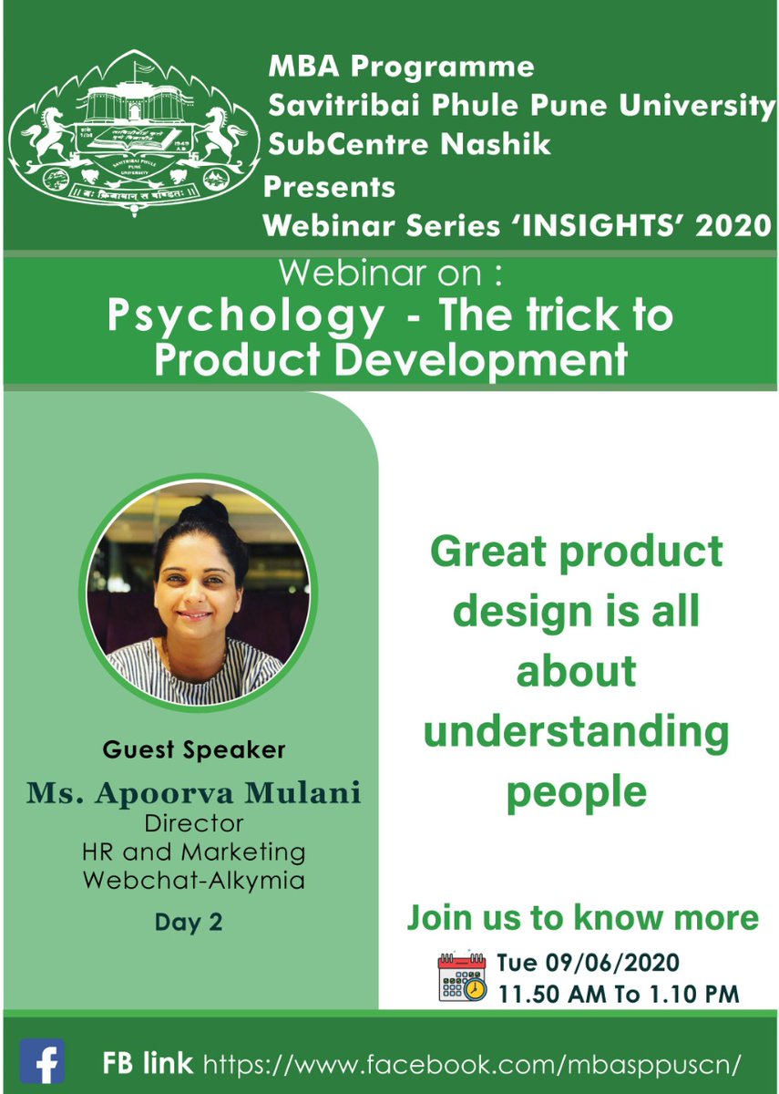 mbasppuscn's tweet photo. Insights 2020 Webinar Series organised by MBA Programme, Savitribai Phule Pune University, Sub Centre Nashik

Date - 09/06/2020
Time - 11:50 AM to 1:10 PM

Webinar Link - https://t.co/jLfhrSIAwr

#MBASPPUSCN #sppu #puneuniversity #MBAlife #bschool #mbastudents #bschools #webinar https://t.co/8zyNZCbnCu