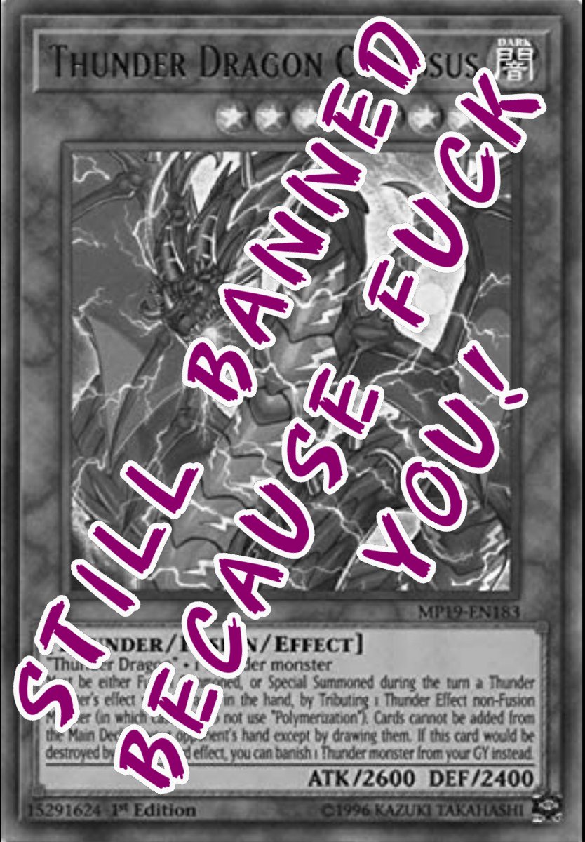 RedWolfrDog's tweet photo. So Konami just gave us the June Banlist...Fucking nothing?!? Whyyyy! Give me back TD Colossus!!! My poor baby!!
Though @dzeeff gotta be loving 3 Multifaker. And I guess Nekroz is at full power..."Yay"
#yugioh #YuGiOhTCG #banlist #FreeColossus https://t.co/NrPohb1vFt
