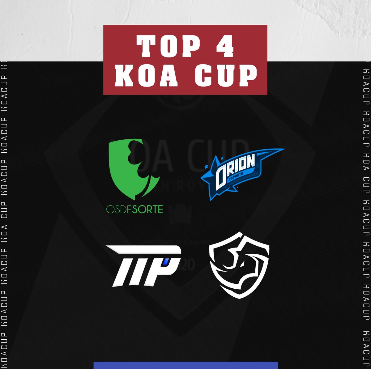 Nossa 3° Edição está chegando ao fim galerinha, após 45 grandes jogos finalmente chegamos aos Playoffs 👊

Entre esses 4 gigantes temos o nosso grande campeão, para quem vai a sua torcida?

#GoODS
#GoORN
#GoTTP
#GoTS

#GoKoA2020