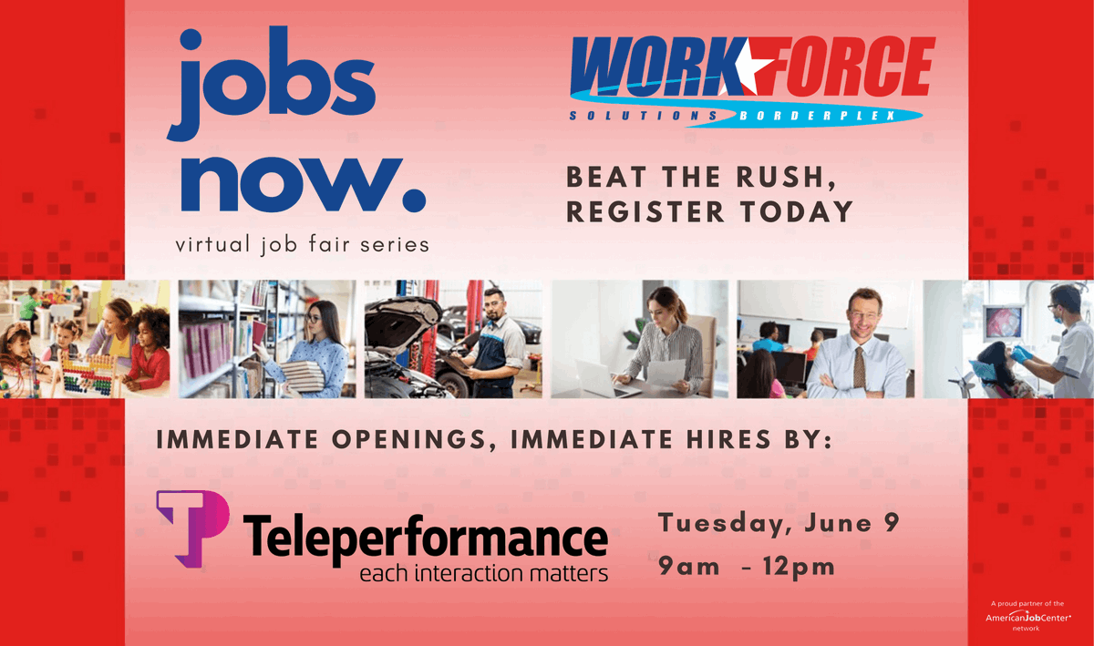 borderplexjobs's tweet photo. A FEW HOURS LEFT TO REGISTER:
425 jobs up for grabs.
Starting pay $18/hour.
Jobs NOW launches TOMORROW, June 9th & you do not want to miss it!
Register for our first virtual job fair here: https://t.co/Q2csYzKKqB
#jobsnow #unemployment #wework4u #workforcesolutionsborderplex https://t.co/gmSJTAGxhC