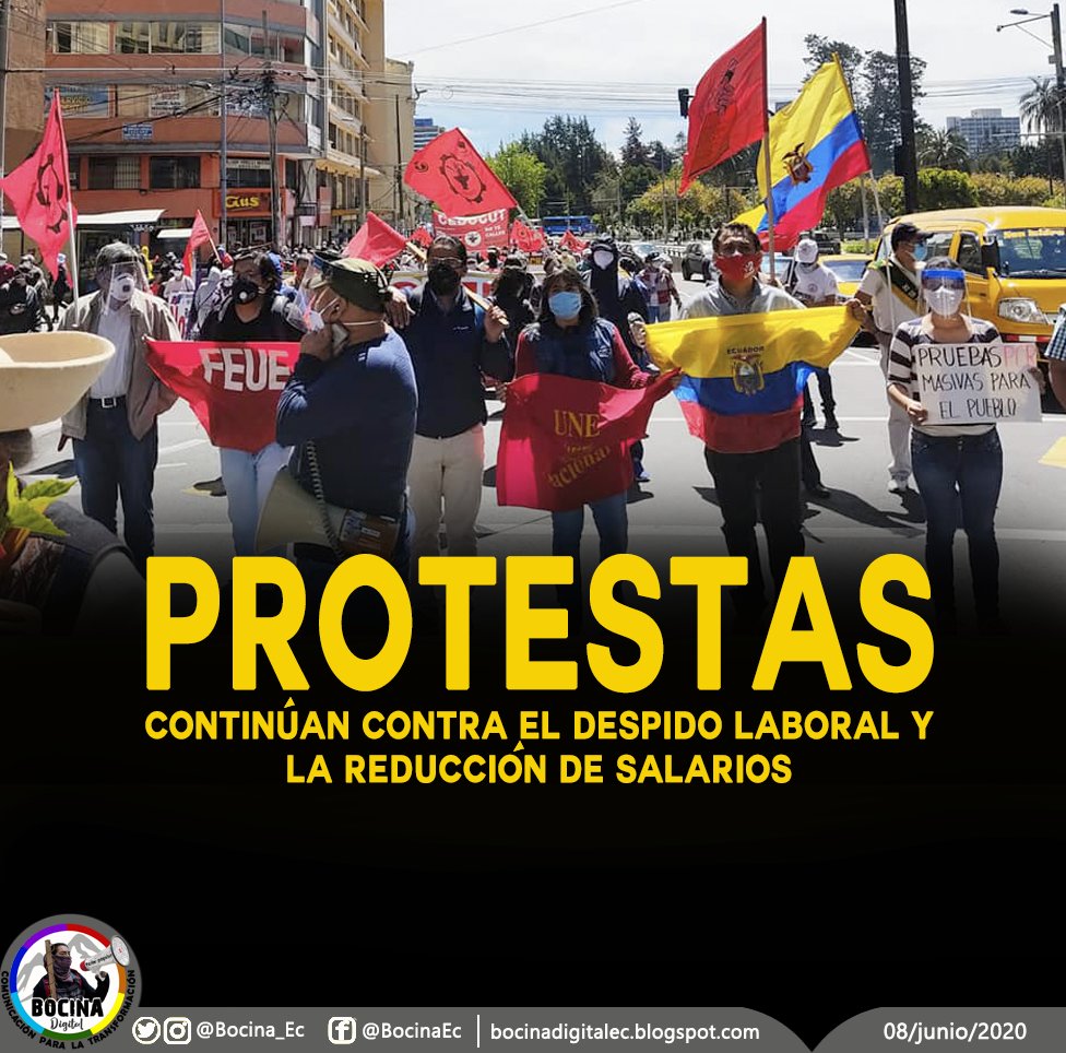 Bocina_Ec's tweet photo. Marcha convocada por el  FUT se tomó las calles de Quito este 8 de junio en contra de los despidos laborales y la reducción salarial de trabajadores públicos y privados , rechazan la Ley de Apoyo Humanitario aprobada por el legislativo el 15 de mayo. 
▶️ https://t.co/gdZEJjrX4C https://t.co/X0oXOi6wV0