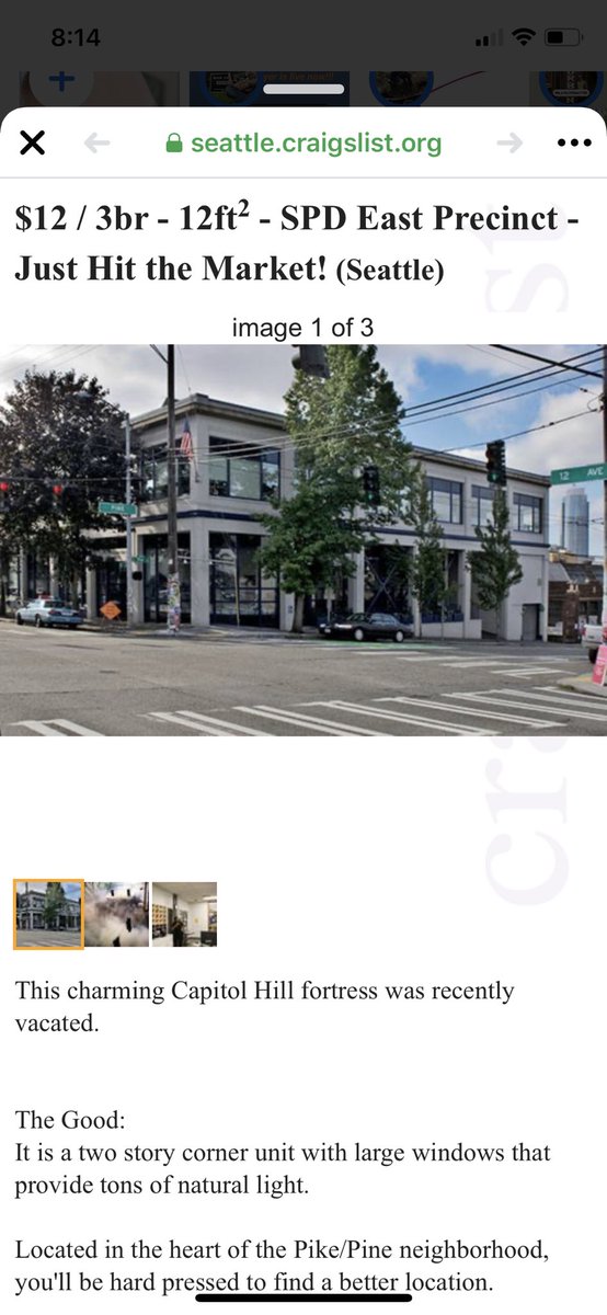 hezwoskey's tweet photo. Someone put the East Precinct for rent ($12) on craigslist. 🤣🤣🤣 I’m glad I took screenshots, cuz I knew they’d remove it quickly. https://t.co/VP64qXgcxM