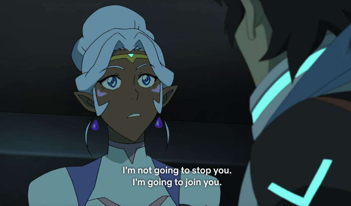 At one point, she actually LEAVES her own ship to be a supporting character in Keith's arc about being part-Galra. They make her his heel. Funny enough even Keith is like, “Uh, aren’t you important to captain the ship?” Obviously not as important as you, Keith!
